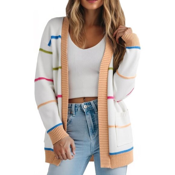 Women's Lightweight Knit Cardigan Open Front Long Sleeve Casual Striped Pockets - Picture 4 of 7